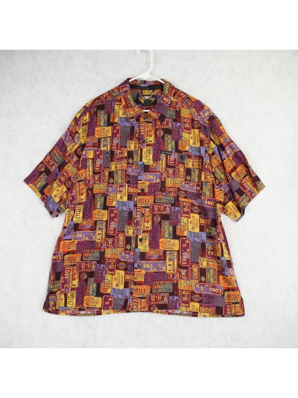 Harley-Davidson License Plate Print Button-Up Shirt Mens Size XL Rayon Casual